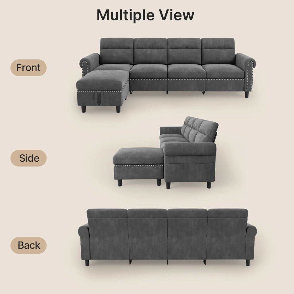 106" Modular Sectional Sofa Bed with Storage Ottoman, Lofka Modern Comfy Couches and Sofas with Side Pockets for Small Spaces, Living Room Furniture in Dark Gray