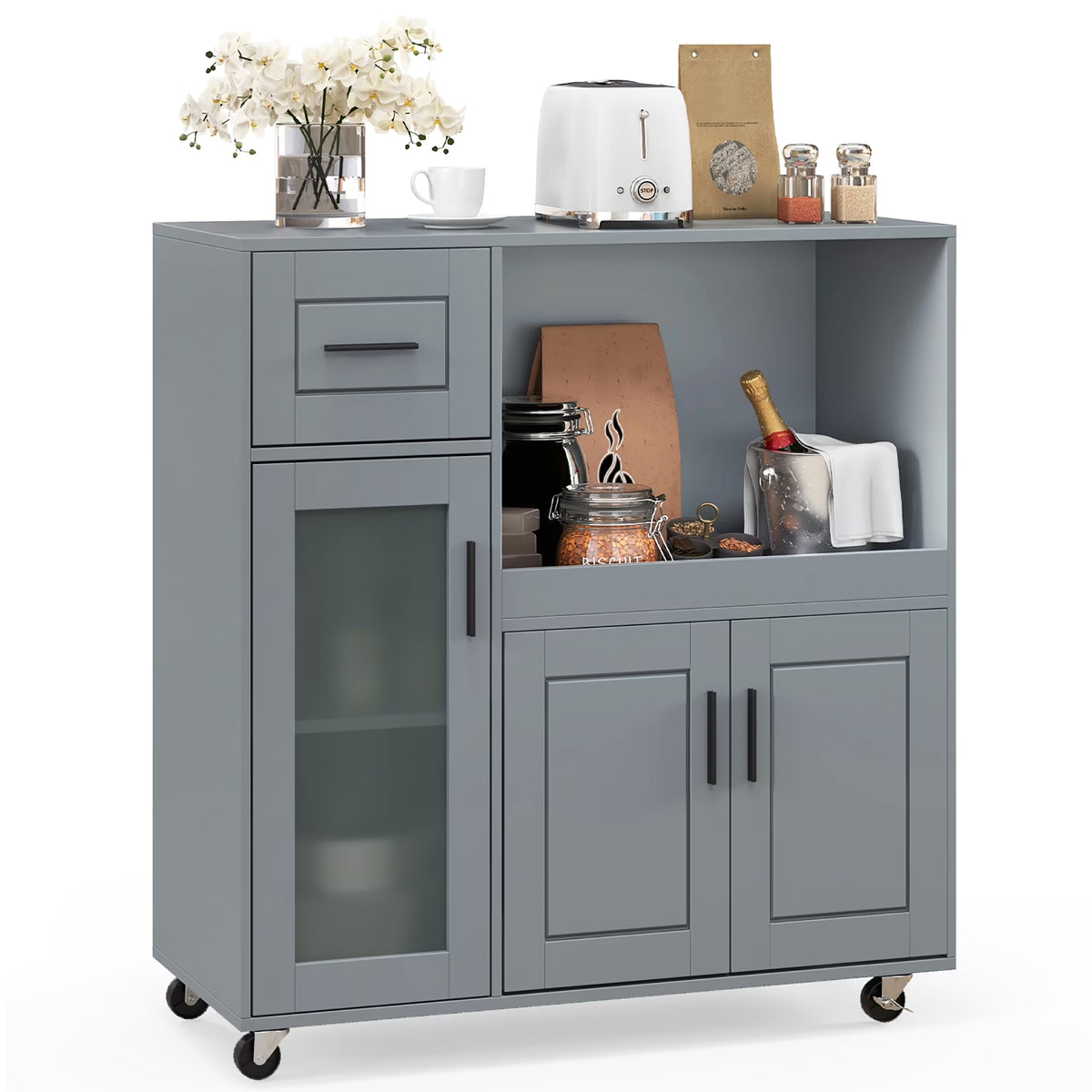 Gymax Kitchen Island Cart on Wheels Microwave Cabinet w/ Frosted Tempered Glass Door