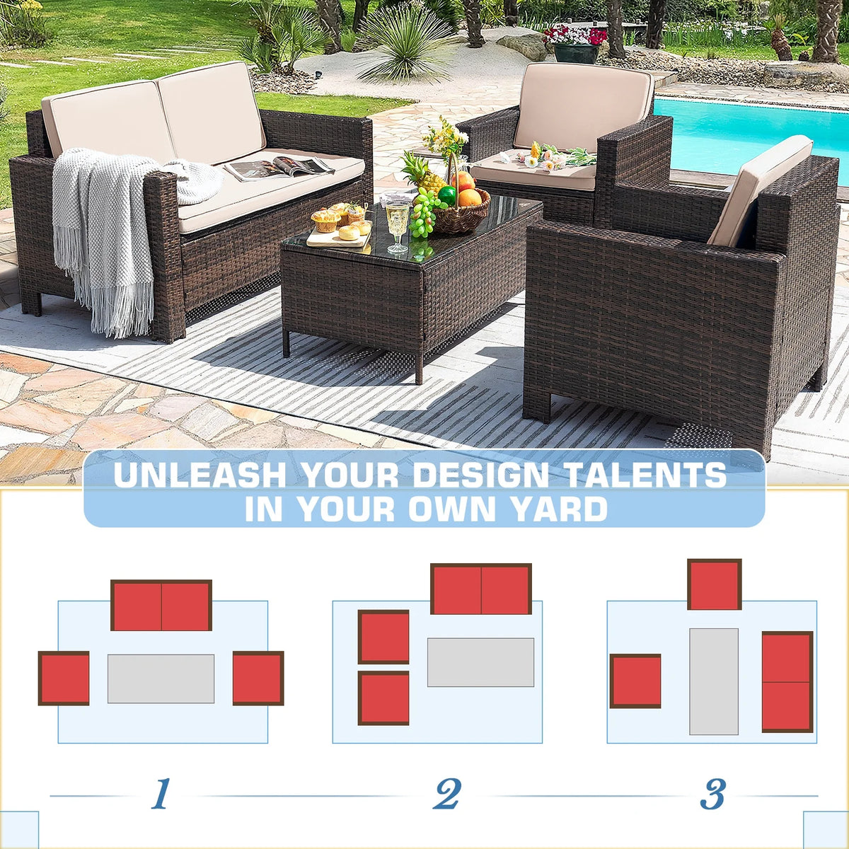 Lacoo 4 Pieces Patio Furniture Sets Rattan Chair Wicker Conversation Sofa Set Outdoor Tble and Chairs for Backyard Porch Garden Poolside Balcony, White