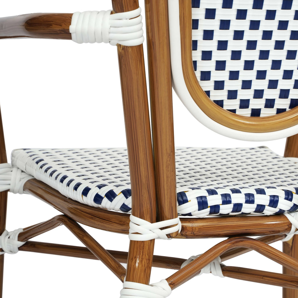 Merrick Lane Stacking Thonet French Bistro Style Chair with Arms, Black & White PE Rattan Seat, and Bamboo Finished Metal Frame for Indoor/Outdoor Use