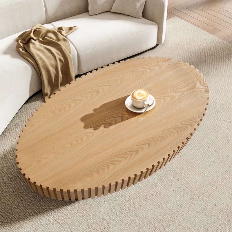 FFH 43.7 inch Oval Coffee Table for Living Room,Handcraft Rustic Corner Coffee Table Nature Wood Relief Sturdy Pedestal for Apartmen,Side Table Centre Table,Nature Wood