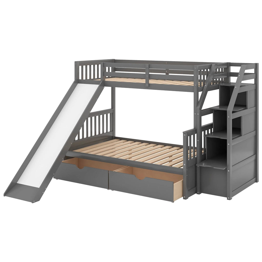 Euroco Wood Twin Over Full Bunk Bed with Drawers and Slide, Gray