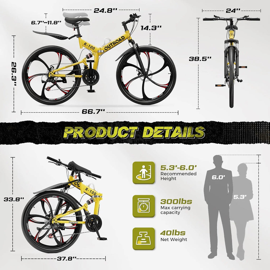 SUNCROWN 26 Inch Folding Mountain Bike, 21 Speed Full Suspension High-Carbon Steel MTB Foldable Bicycle, Dual Disc Brake Non-Slip Folding Bikes for Adults/Men/Women, Black