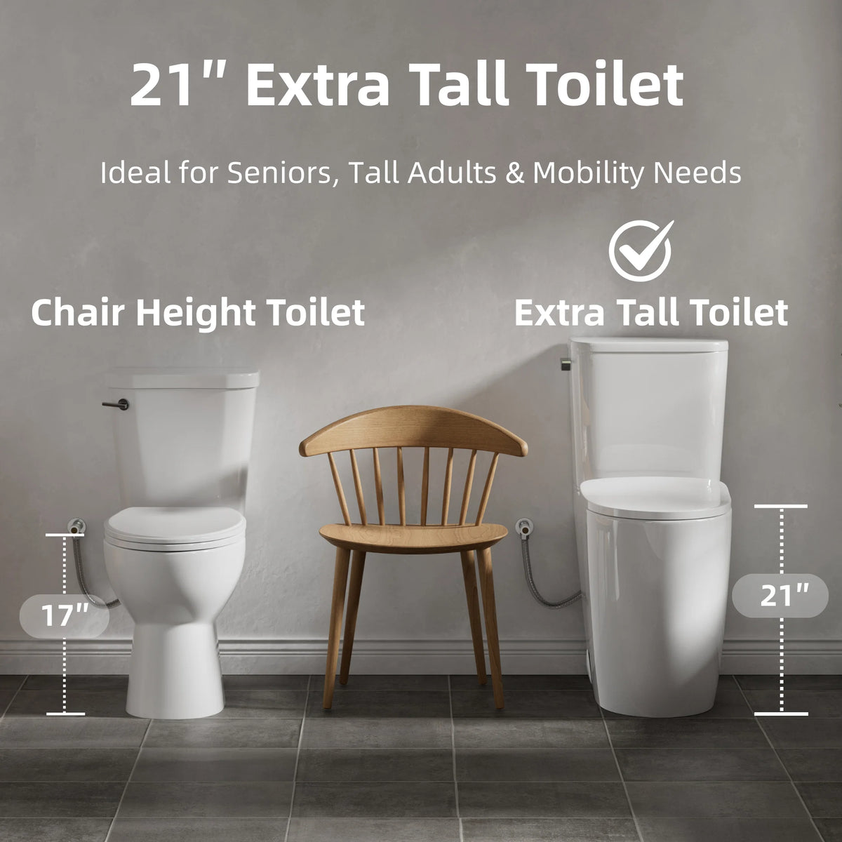 Los Flexi 21" Extra Tall Toilet for Seniors, ADA Compliant Two-Piece Skirted Toilet with Cyclone Flush, Elongated Bowl, Soft-Close Seat, Chrome Lever, 1.28 GPF, 12" Rough-In