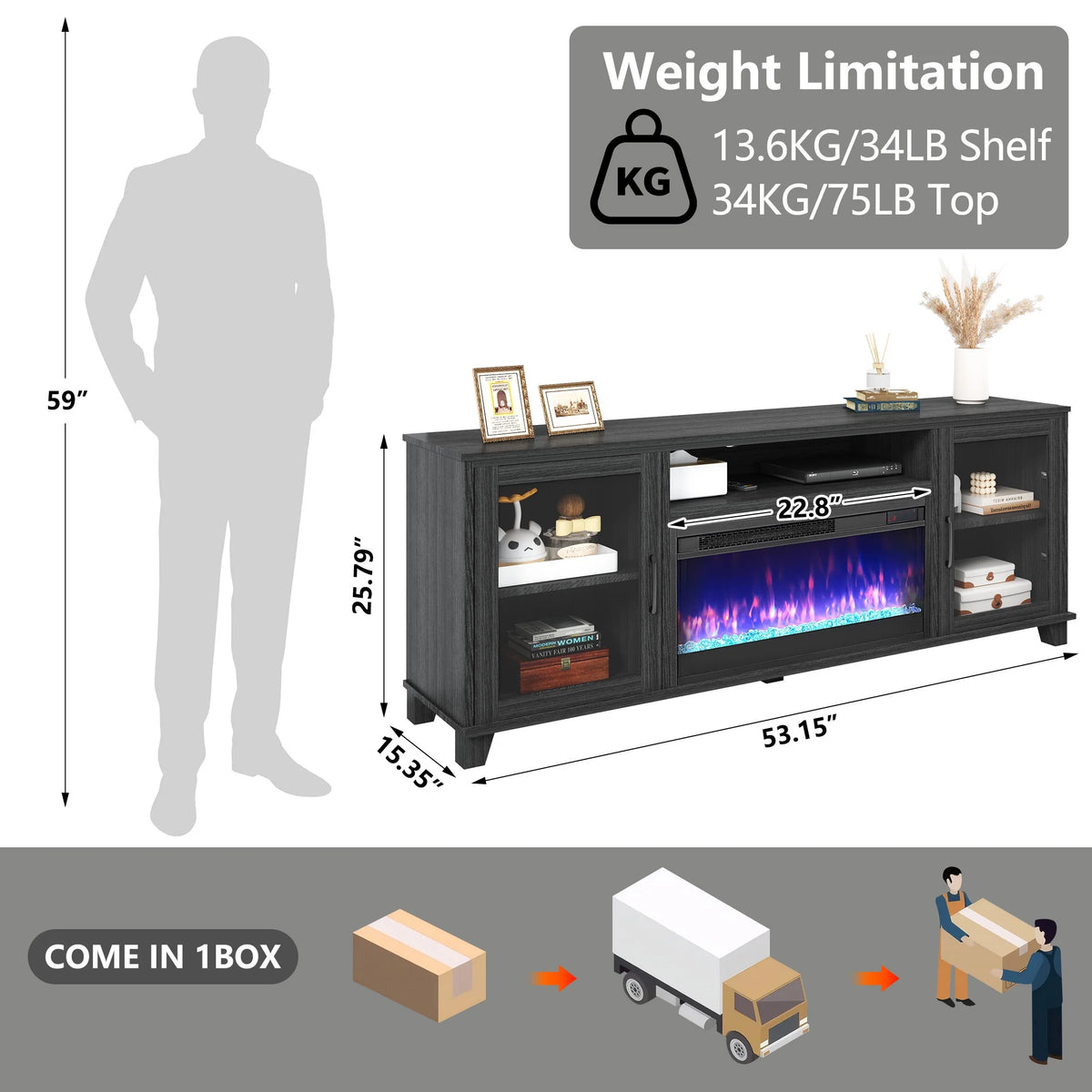 SESSLIFE Fireplace TV Stand for 65 Inch TV, TV Console with 23''Electric Fireplace, Console Entertainment Center Television Table for Living Room or Bedroom, Brown