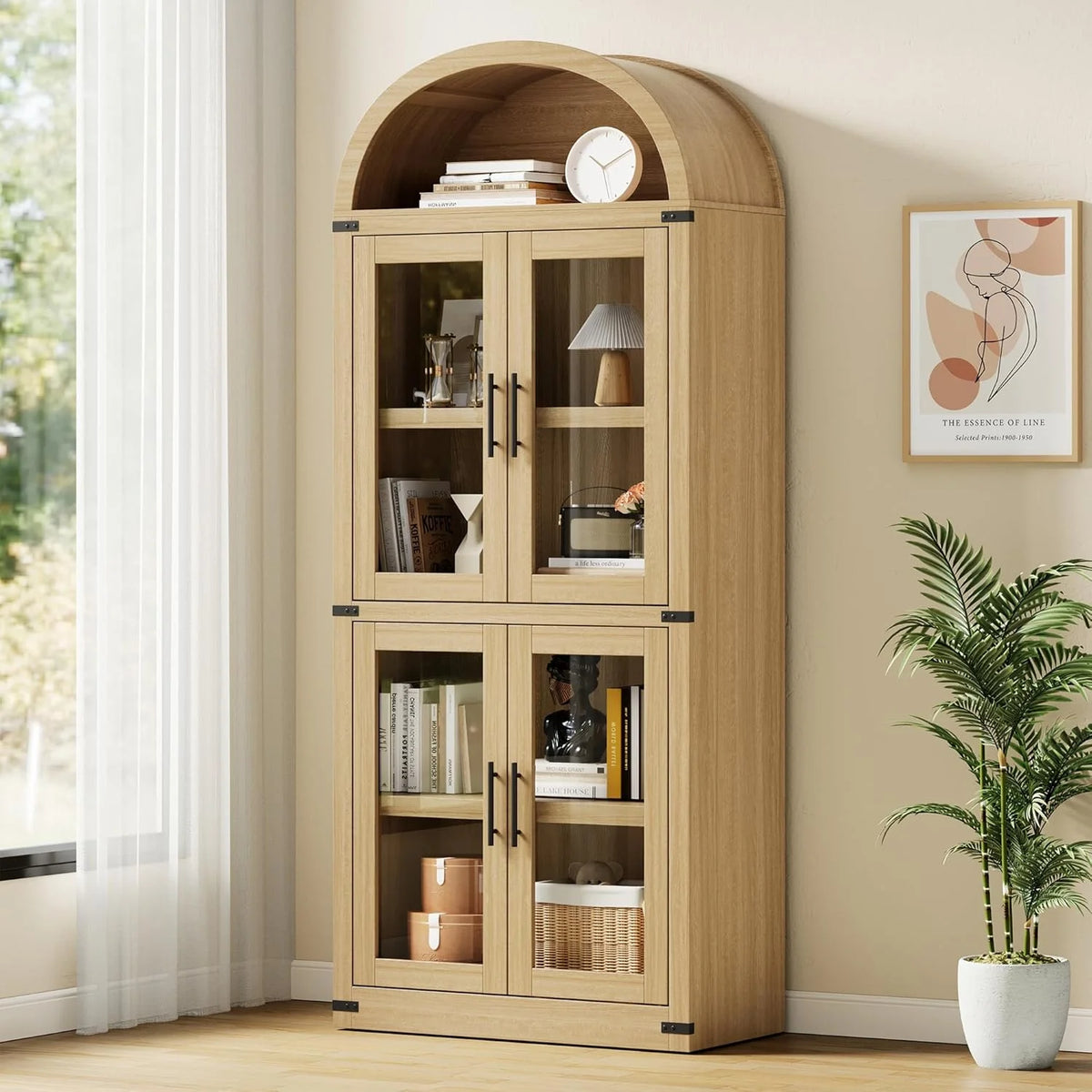 NEILA Arched Bookshelf with Doors - Glass Doors - 15.83 inches deep by 71.4 inches tall rustic ambiance premium wood display cabinet for living room, kitchen and office,Glass Door_Black