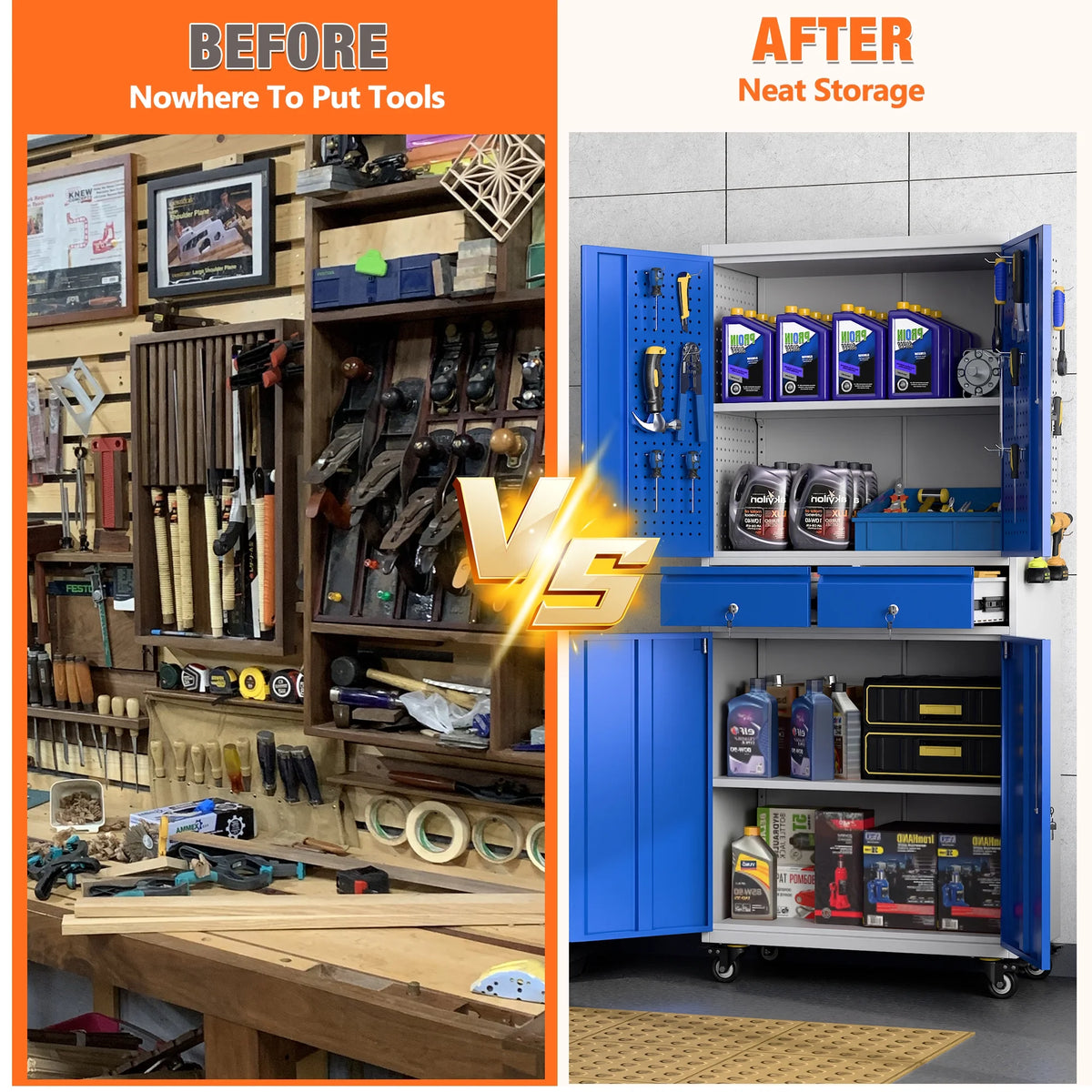 SUPEER 71" Metal Storage Cabinets with Wheels and Pegboards, Industrial Cabinet with 2 Drawers and 2 Adjustable Shelves,, Assembly Required