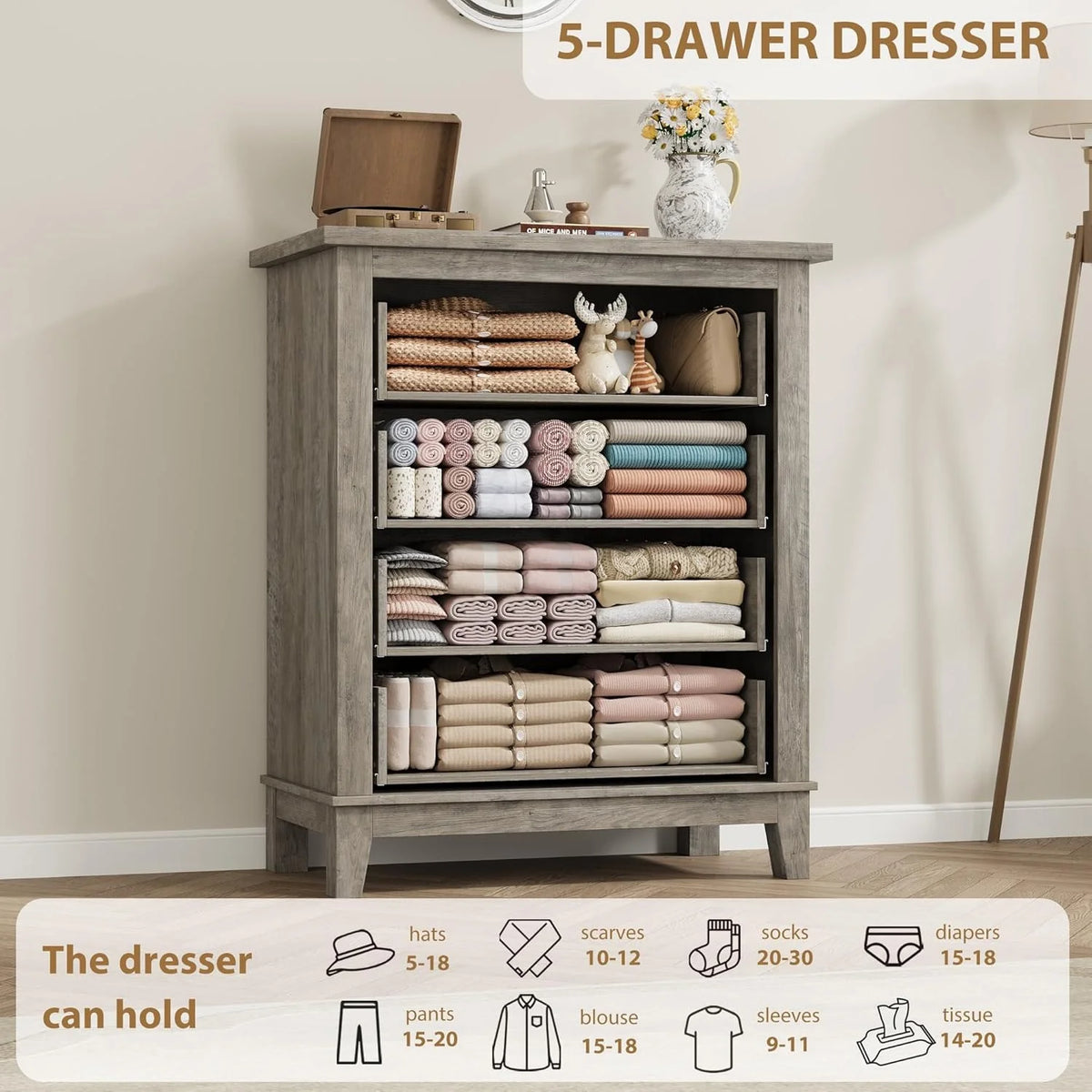 4 Drawer Dresser for Bedroom,34.8" Tall Bedroom Dresser with Large Drawer& Black Handles,Wooden Storage Organizer Cabinet Chest of Drawer for Living Room,Hallway