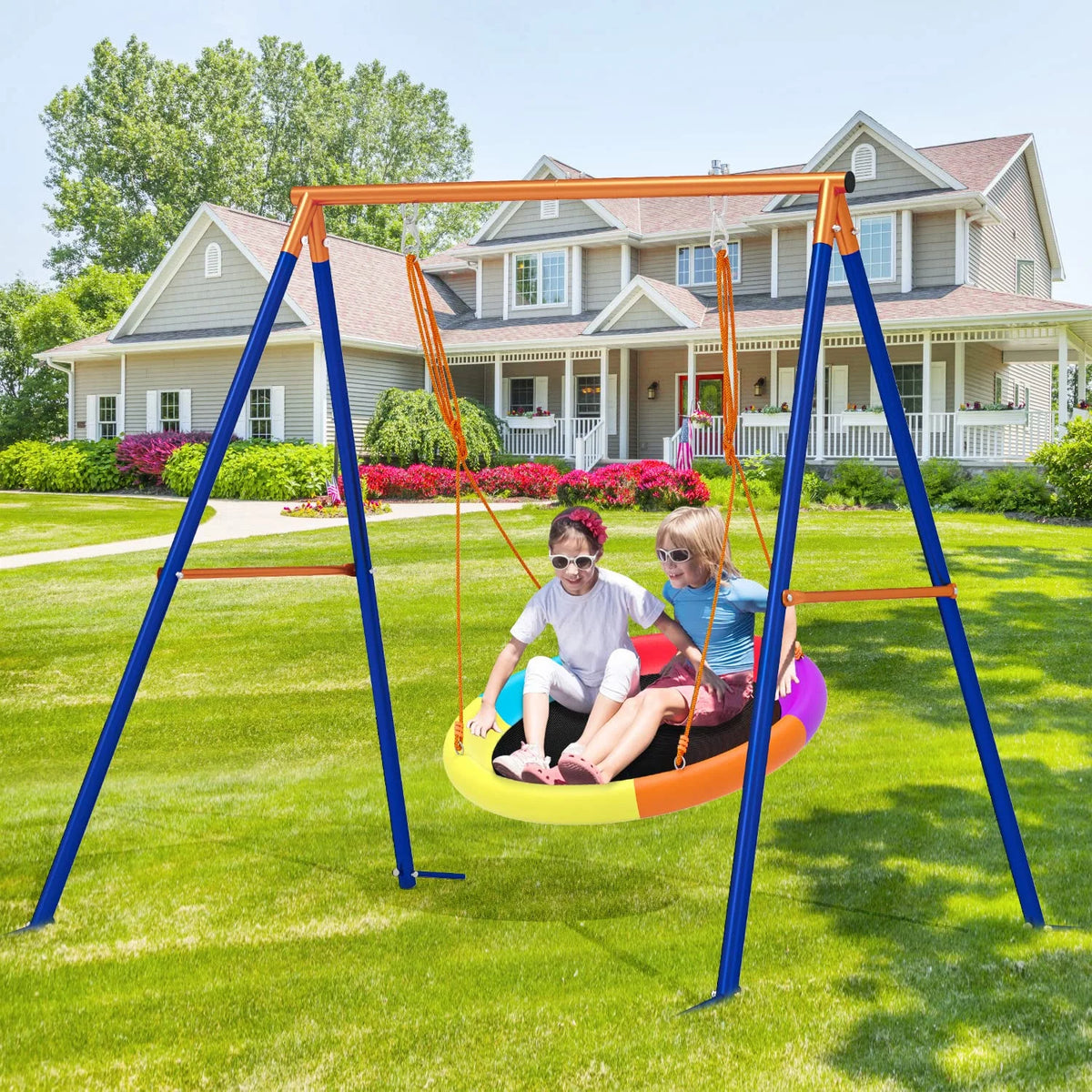 GIKPAL Swing Sets for Outside 440lbs Swing Set for 2-3 Kids Outdoor with Heavy-Duty Metal Frame & Adjustable Ropes Round Swing, Rainbow