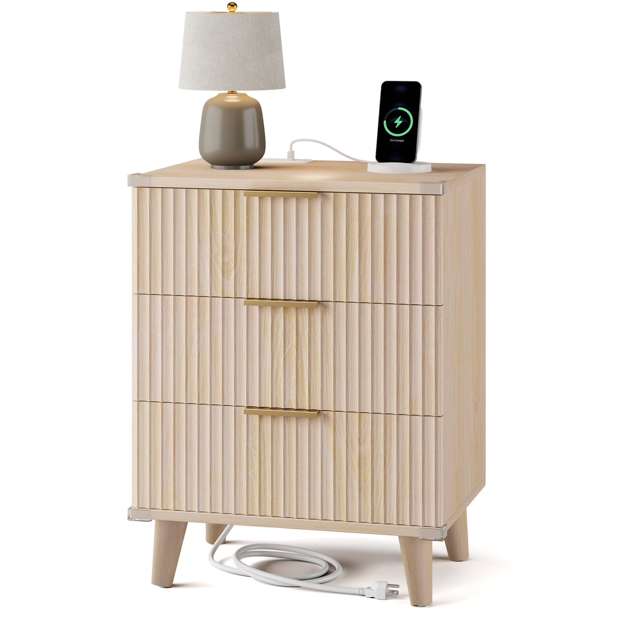 GIKPAL Night Stands for Bedroom, Modern Bedside Table with 3 Drawers & Charging Station,Fluted Panel End Tables for Bedroom  & Living Room, Natural