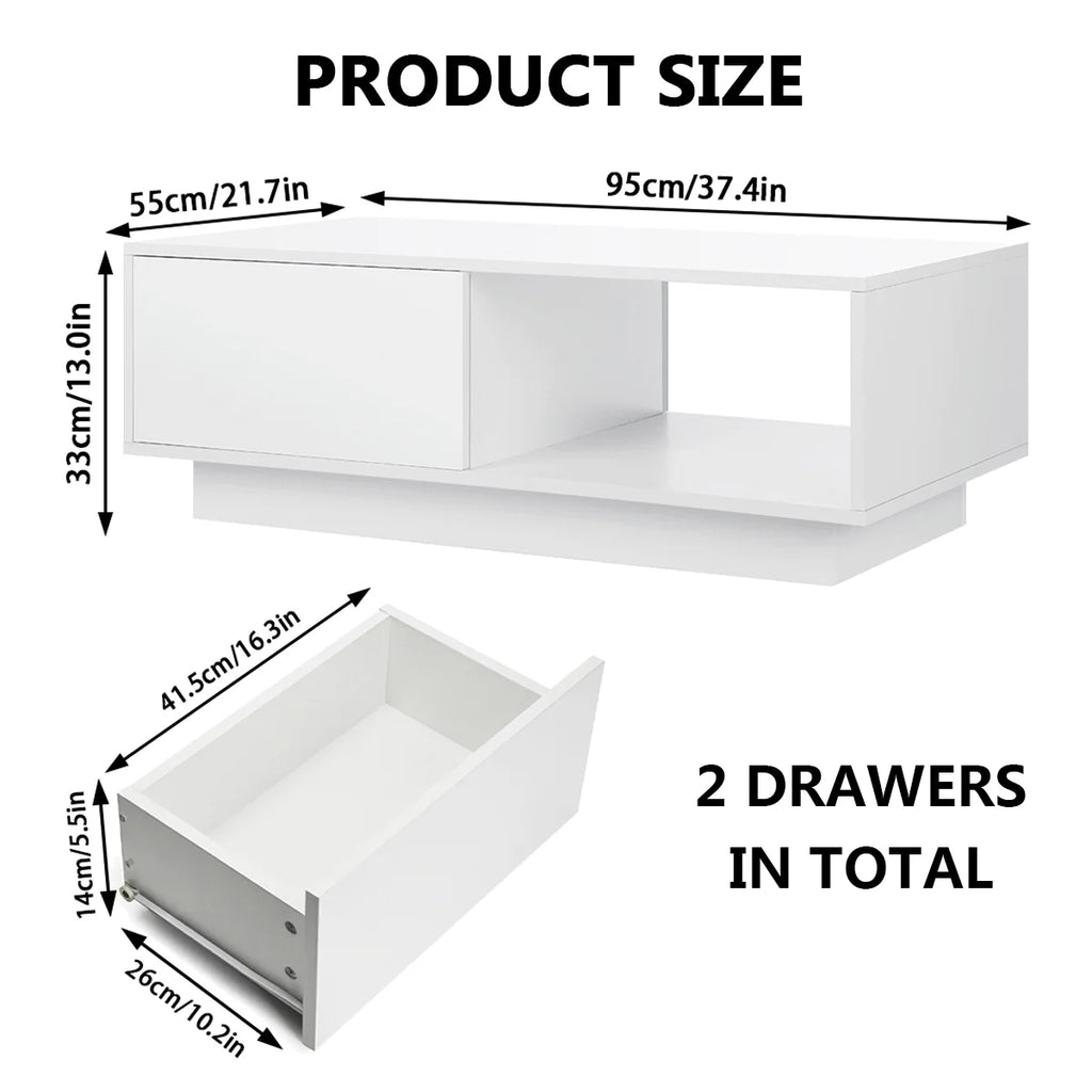 Hommpa LED Coffee Table Modern Side Tables High Gloss Black Cocktail Table with 2 Drawers Open Shelf for Living Room