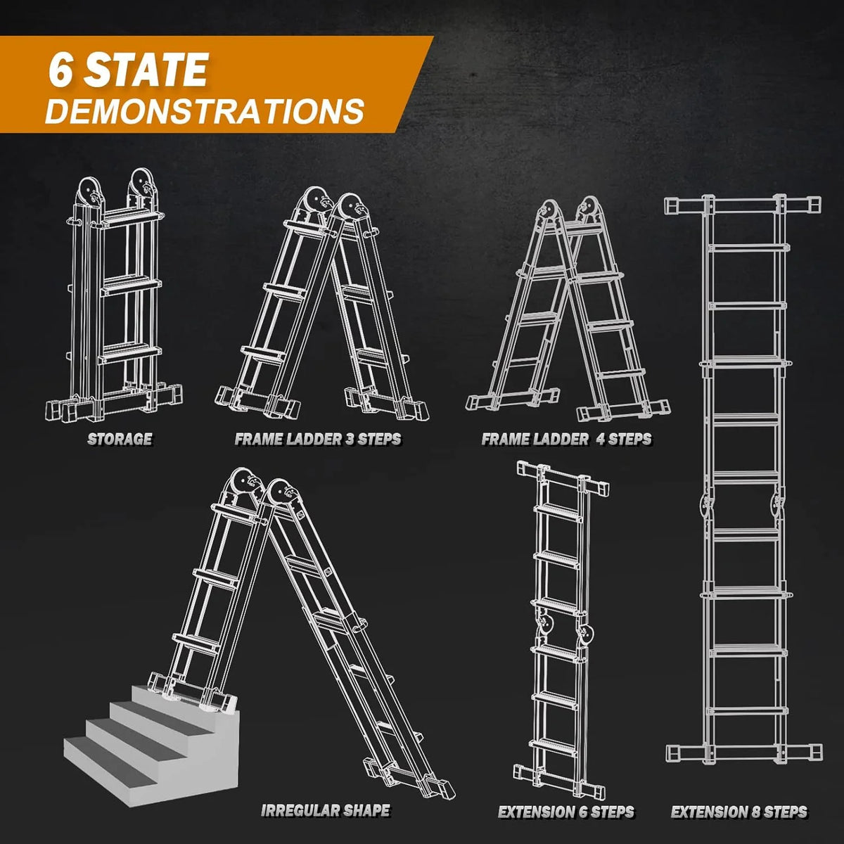 HBTower Ladder, A Frame 4 Step Extension Ladder, 14 Ft Multi Position Ladder with Removable Tool Tray and Stabilizer Bar, 330 lbs Capacity Telescoping Ladder for Household and Outdoor Work