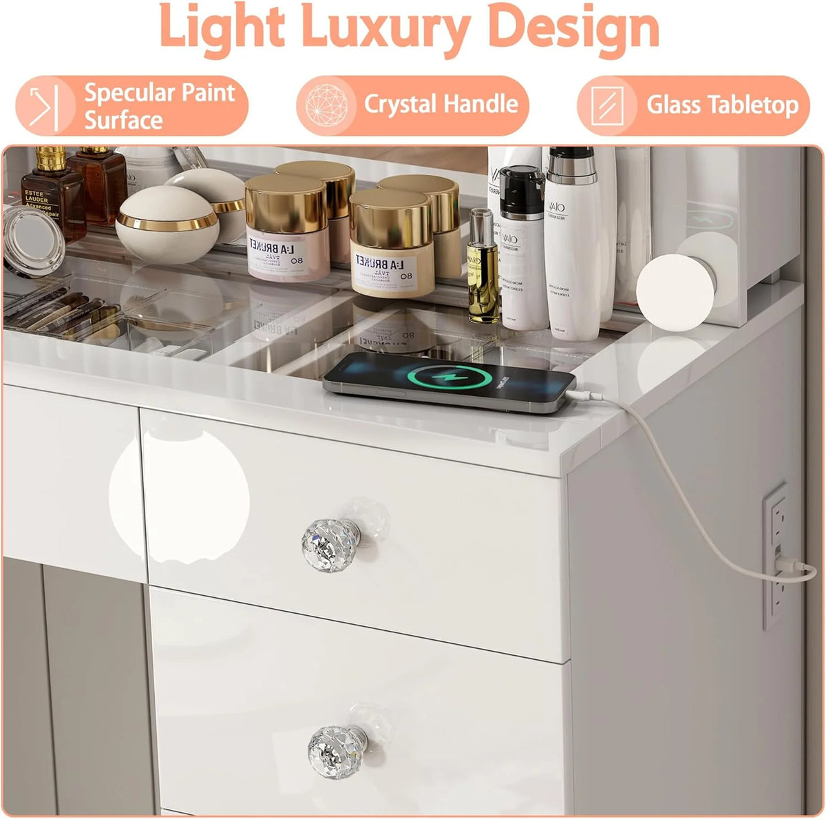 Linor Modern Adult Vanity Desk Set with Mirror, 14 LED Lights, 11 Drawers, Glass Top, White