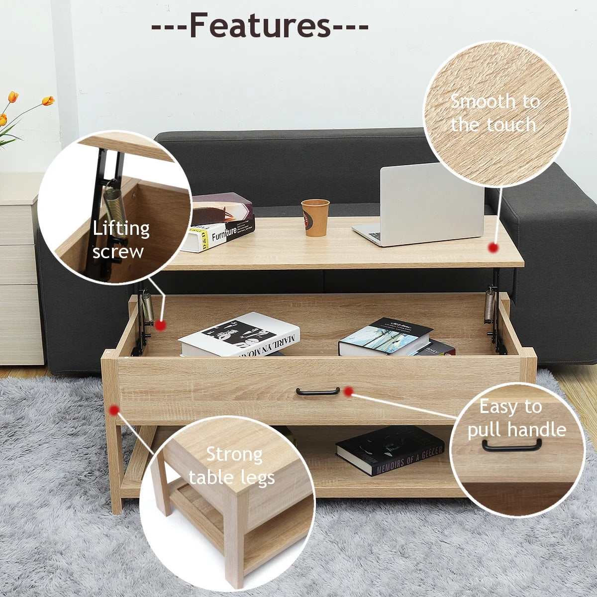 Hommpa LED Coffee Table Modern Side Tables High Gloss Black Cocktail Table with 2 Drawers Open Shelf for Living Room