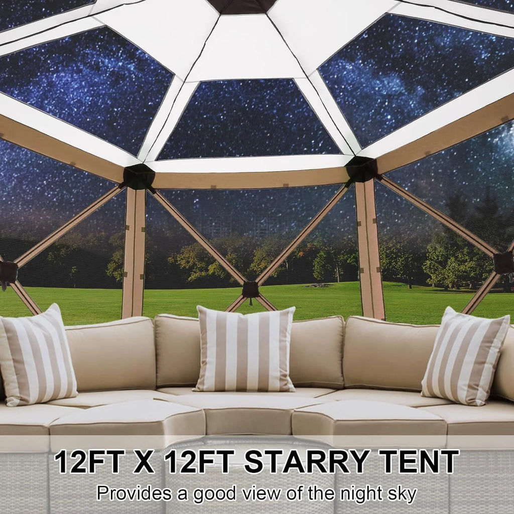 COBIZI 12'x12' Pop-up Gazebo Outdoor Camping Tent with 6 Sides Mosquito Netting, Waterproof, UV Resistant, Portable Screen House Room, Easy Set-up Party Tent with Carry bag, Ground Spike, Brown