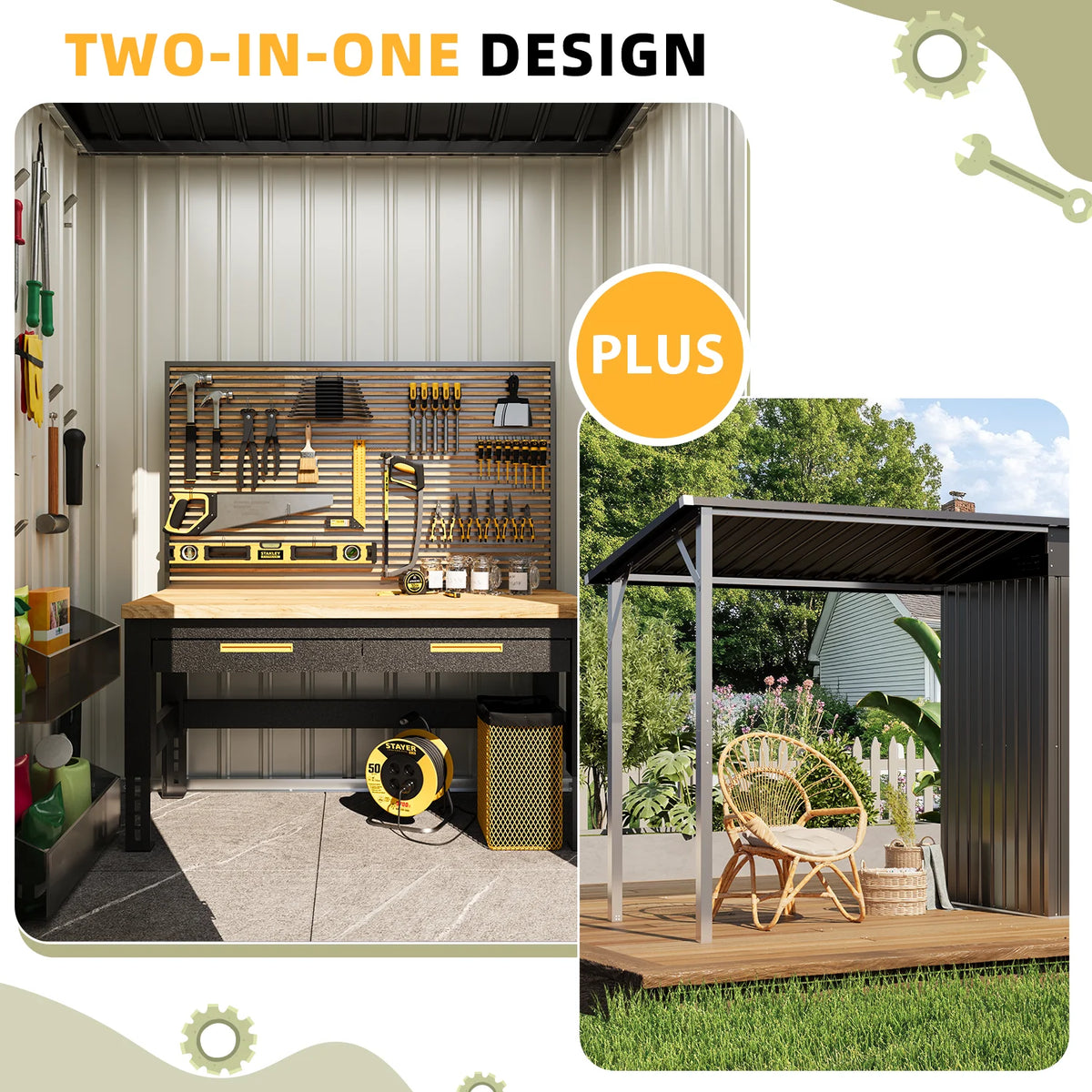 YODOLLA Outdoor Open-Sided Storage Shed, 3x5 Sheds & Outdoor Storage with 15 Sq. Ft Covered, 5x3 Small 2-in-1 Tool Shed with Attached Hardtop Metal Pergola Gazebo