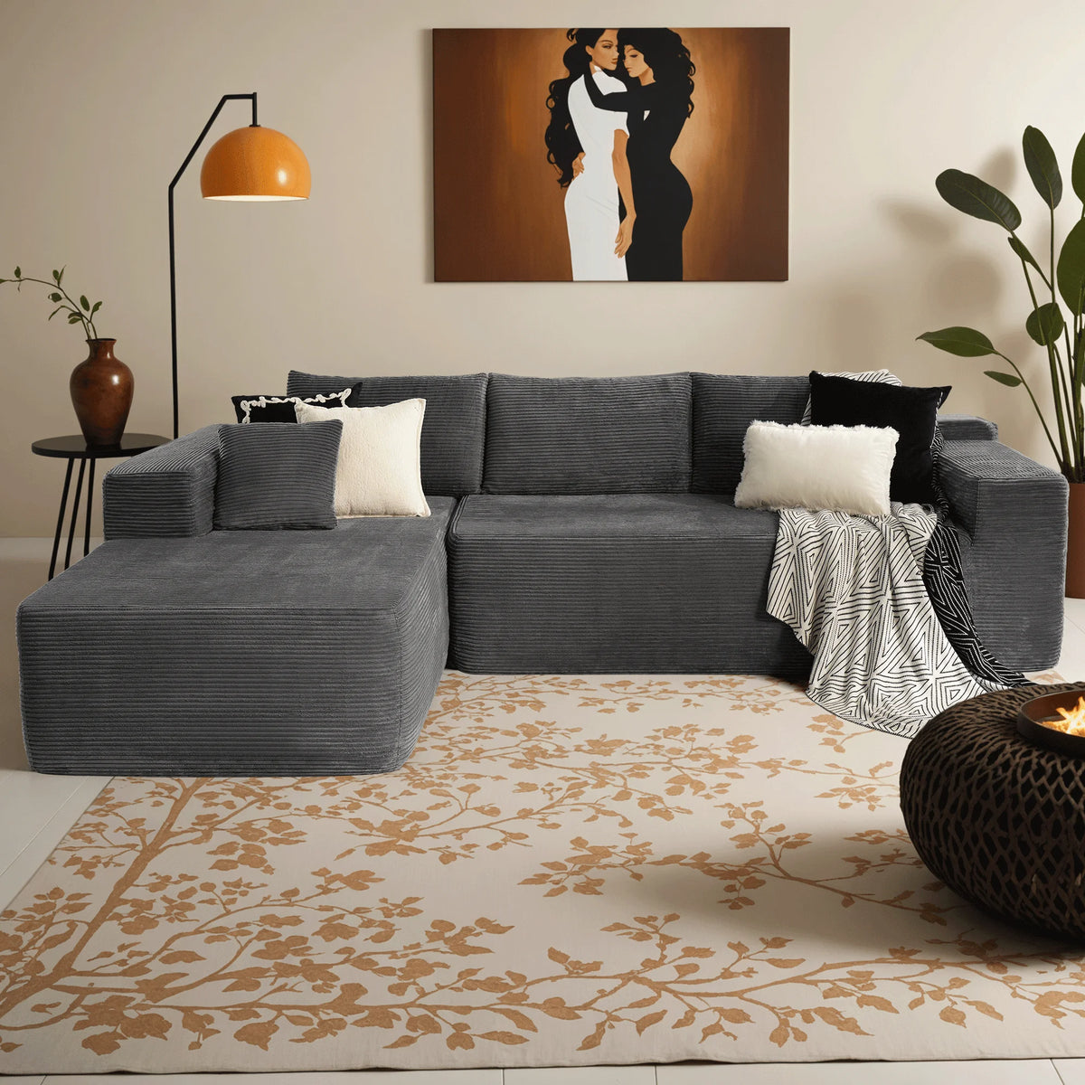 Ovios 106" L-Shaped Sectional Sofa Modern Modular Cloud Couch with Deep Seating Upholstered Sofa for Living Room Bedroom, No Assembly Required, Black(Corduroy)