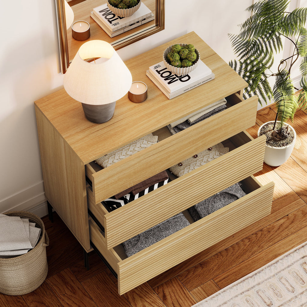 Modern Minimalist Wood Nightstand with 3 Drawers ,31.5" Large End Table,Reeded Design Bedside Table for Bedroom, Living Room,Entryway