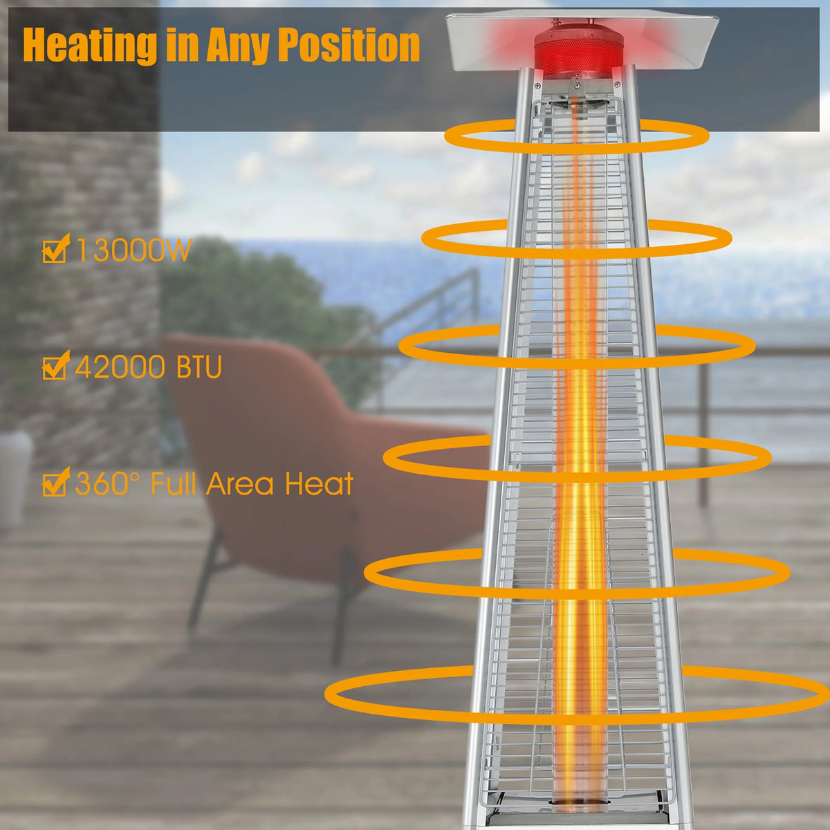 Costway 90'' Tall Pyramid Patio Heater Quartz Glass Tube Flame Heating 42000 BTU W/ Wheel