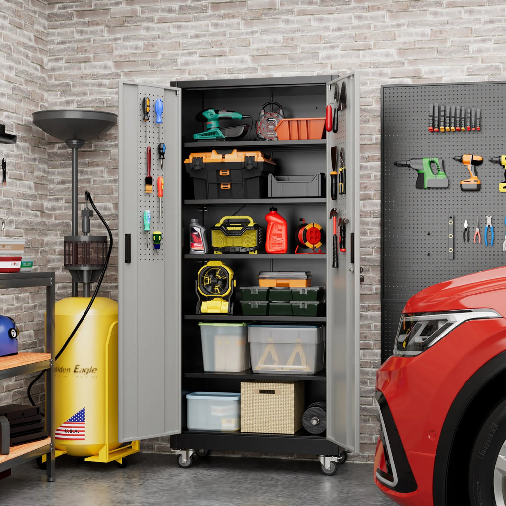Supeer Locking Storage Cabinet with 5 Adjustable Shelves, Steel, Black, 71" H, Assemble Required