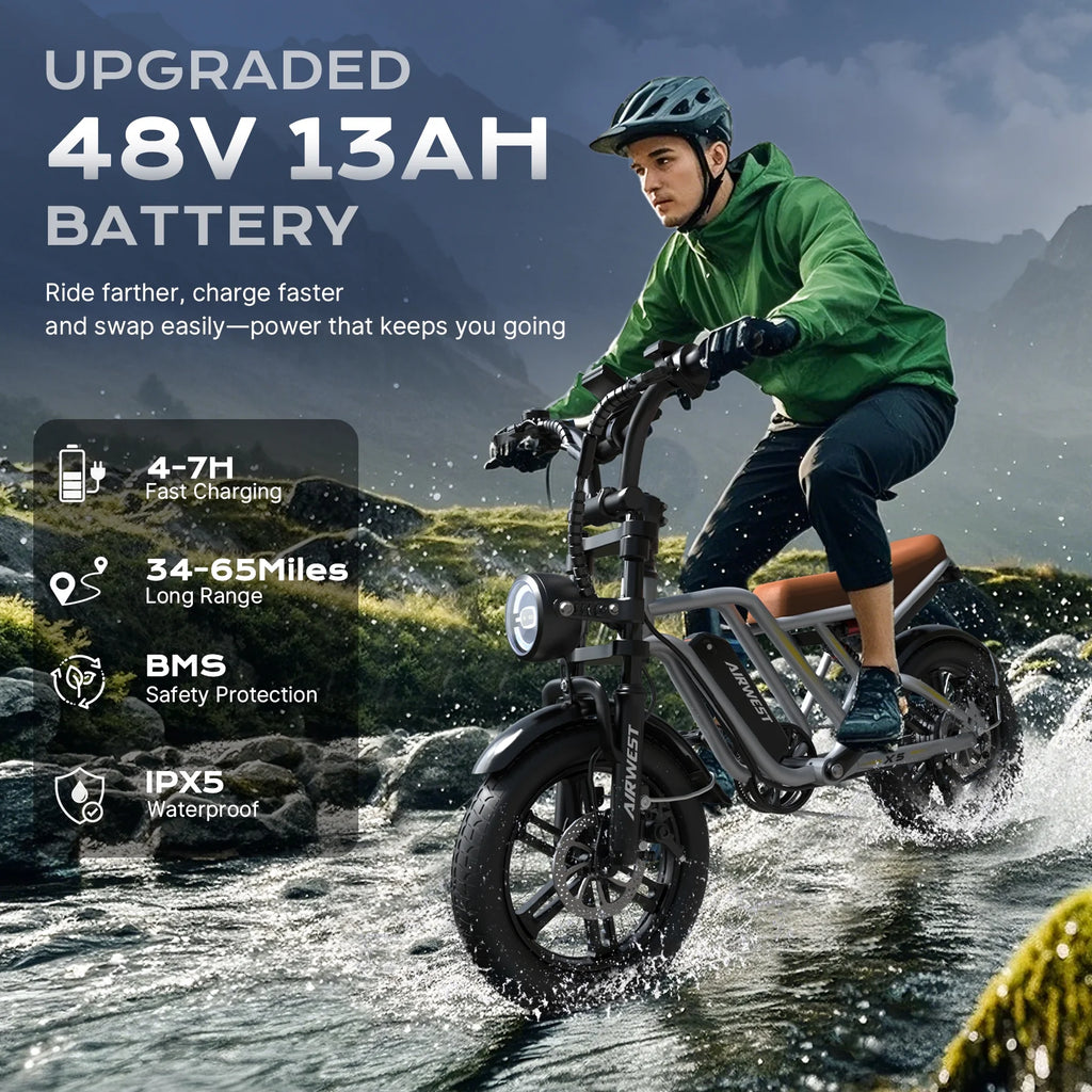 AIRWEST Peak 1000W Electric Bike for Adults - Reaches 25MPH, 65 Miles Long Range, 48V 13Ah Battery, Full Suspension, 7-Speed, 20" Fat Tire Electric Motorcycle Dirt Bike, UL2849