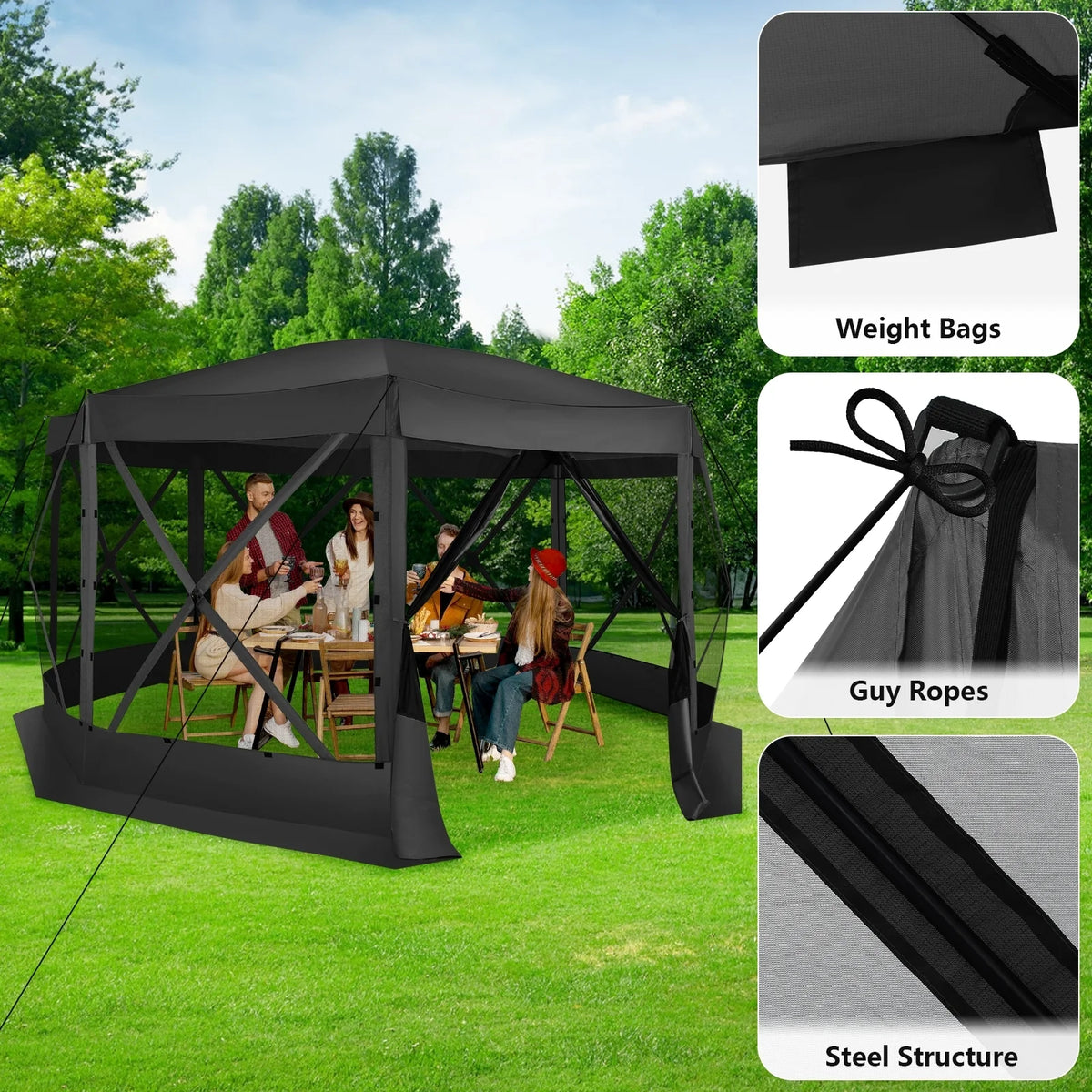 COBIZI 8x8 Pop up Gazebo Tent, Ez up Waterproof Screen Tent Screen House, Portable Outdoor Canopy Sun Shelter with 3 Sidewalls, Carry Bag & Ground Stakes for Camping, Garden and Picnics, Gray