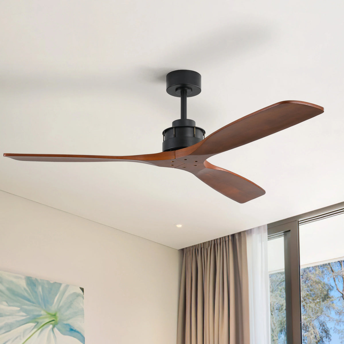 Sofucor Ceiling Fan without Lights, 60 Inch Low Profile Flush Mount Mordern Wood Ceiling Fan with Remote