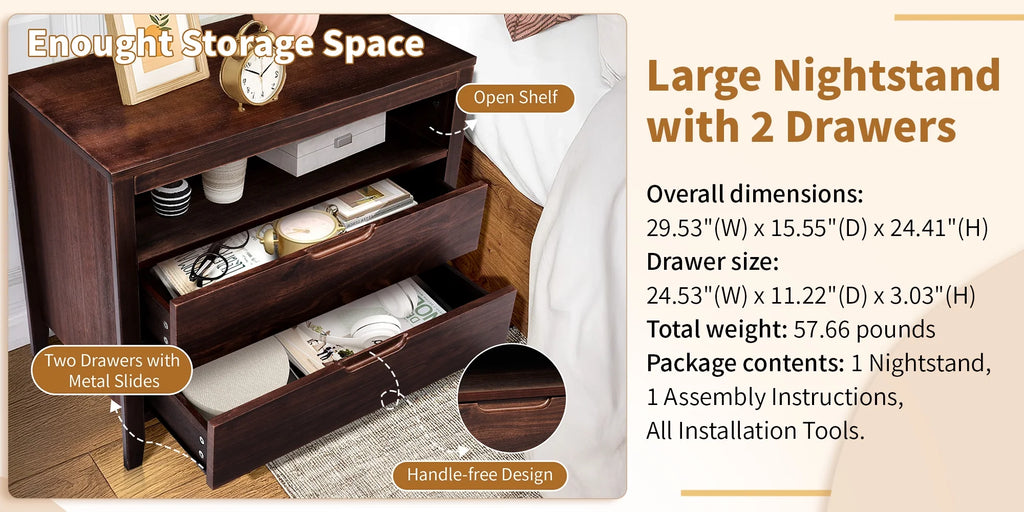 UBesGoo Nightstand 2 Drawer Dresser Side Table, Soild wood & MDF with Solid Wood Veneer, Brown