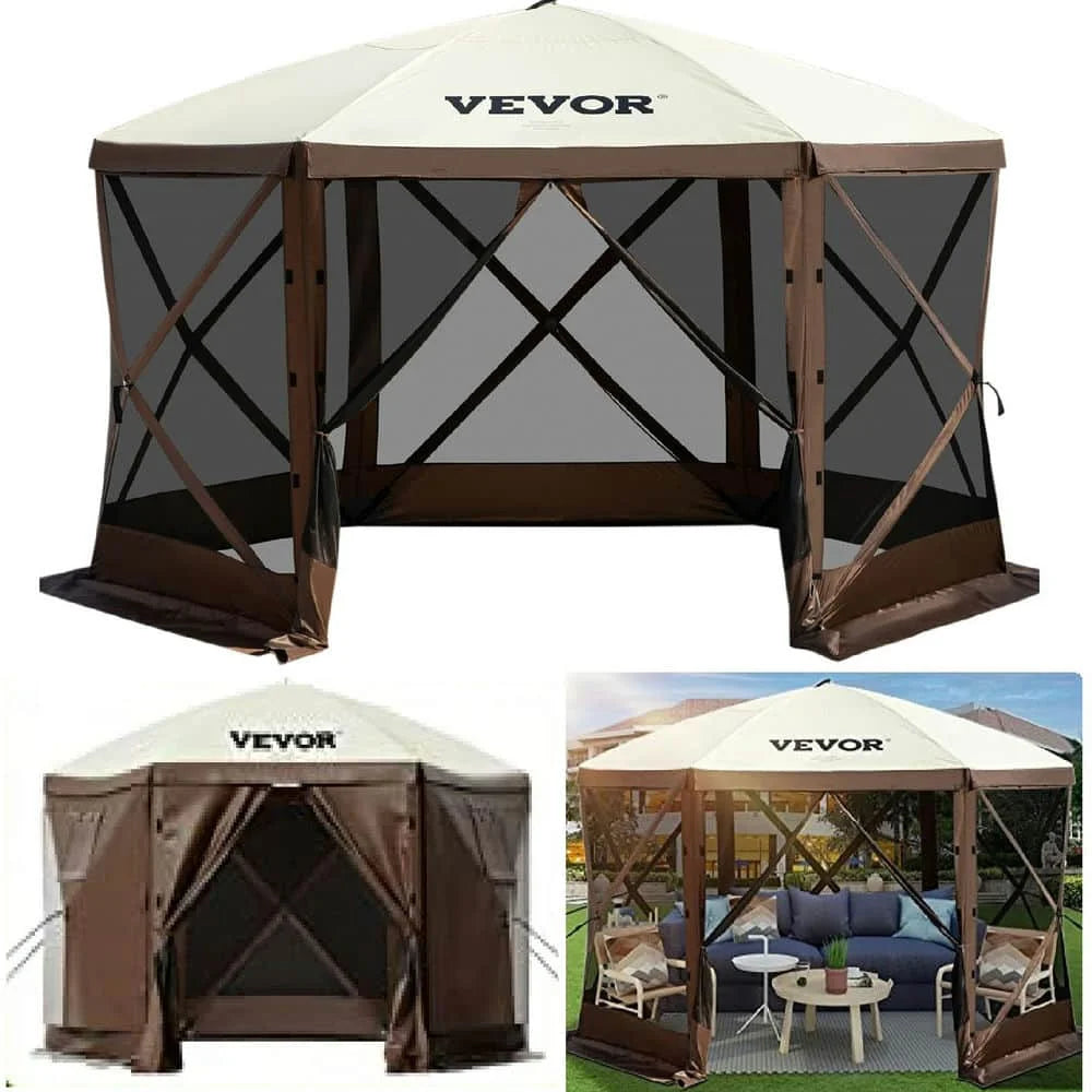 Topcobe 12*12ft Camping Screen Tent, 6 Sided Pop-up Canopy Shelter Tent with Mesh Windows, Large Shade Tents for Outdoor Camping, Lawn and Backyard, Portable Carry Bag