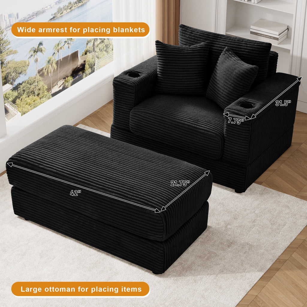 Wiilayok Oversized Lounge Chair Indoor,54" Corduroy Cloud Chaise Lounge Couch Indoor with Ottoman,Cup Holder for Living Room,Bedroom,Beige