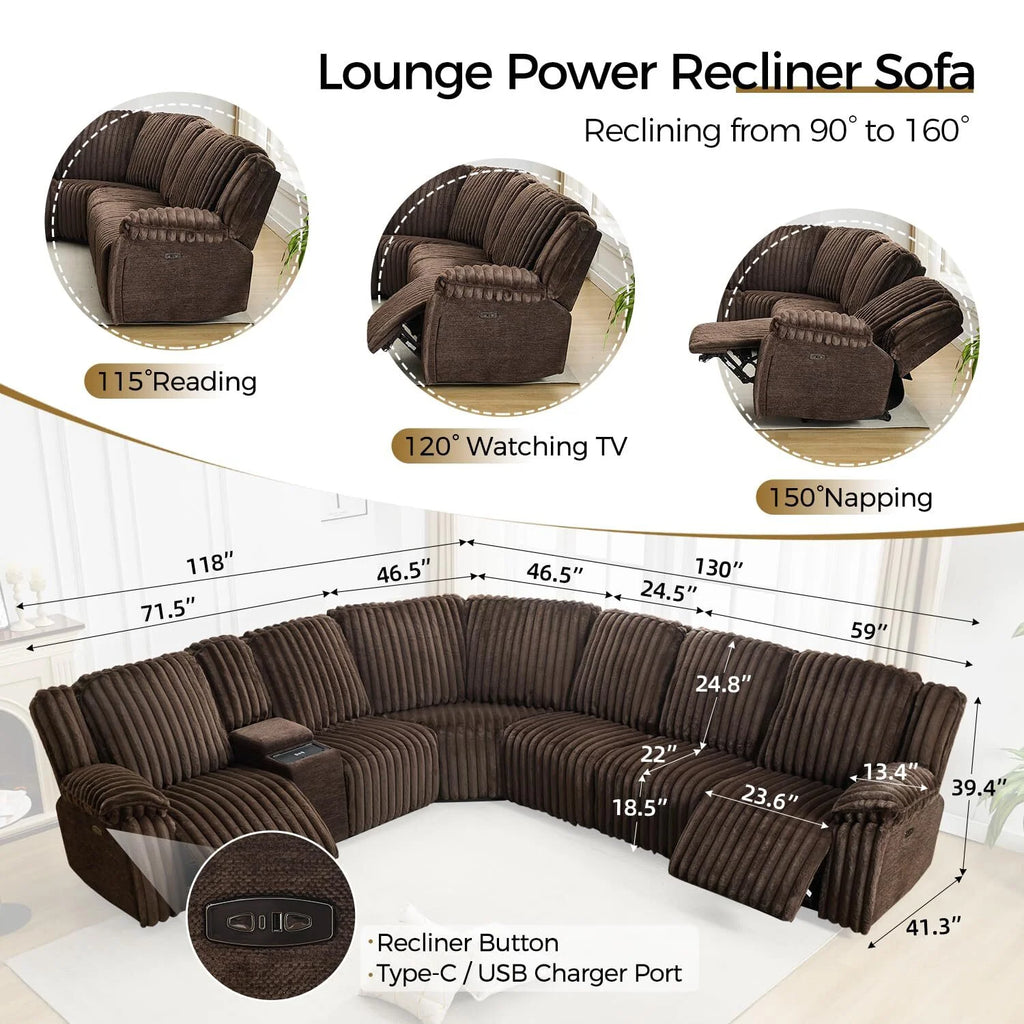 Power Reclining Sectional Sofa with Wireless Charger,6-Seater Faux Fur Sectional with Recliners,Hidden Cup Holders,Storage Console,USB & Type-C Ports,Black
