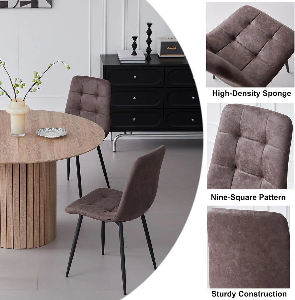 5 Piece Round Dining Table Set - Mid-Century 47 inch Oak Dining Table with 4 Brown Faux Leather Chairs Set, Dinner Table & Chair with Metal Legs for Kitchen Dining Room, Apartment, Bedroom