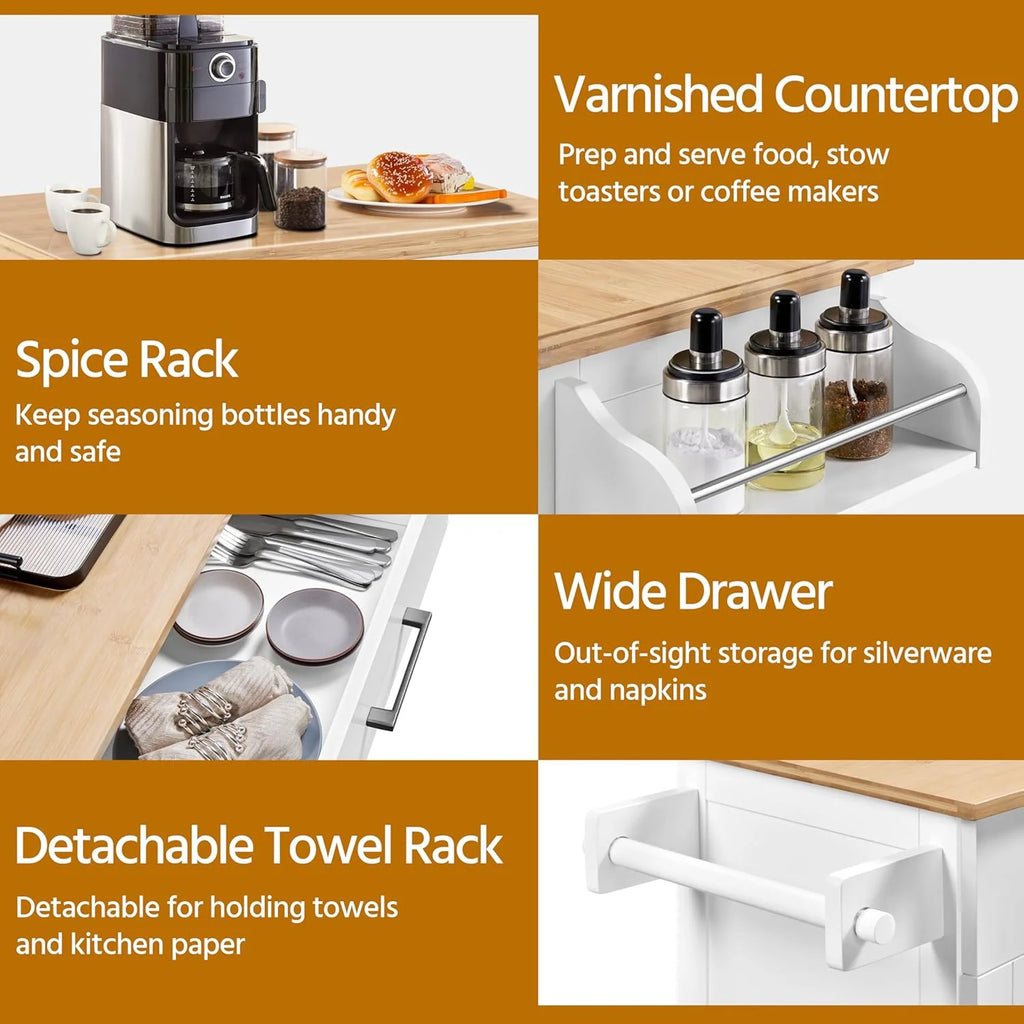 HXYHJ Kitchen Island on Wheels with Storage Cabinet, Rolling Kitchen Cart with Bamboo Top & Drawer & Spice Rack Towel Bar, Microwave Stand Cart for Kitchen/Dining Room, Black