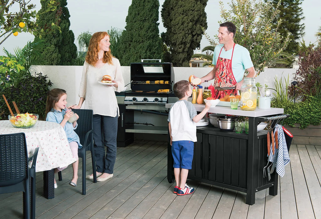 Unity XL Resin Serving Station, All-Weather Plastic and Metal Grill, Storage and Prep Table, Graphite