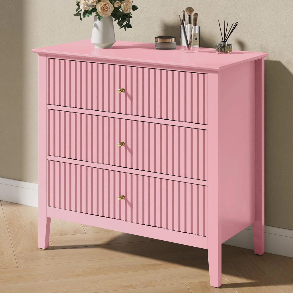 Heynemo Beige 6 Drawer Dresser, Fluted Modern Wood Chest