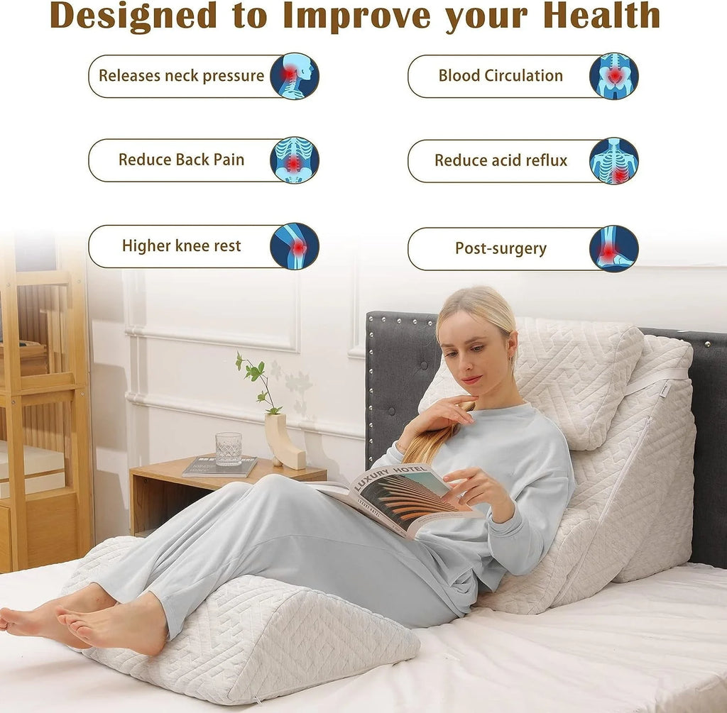 Tolead 5pcs Orthopedic Washable Bed Wedge Pillow Set, Adjustable Memory Foam, Sleeping, Reading, Gray