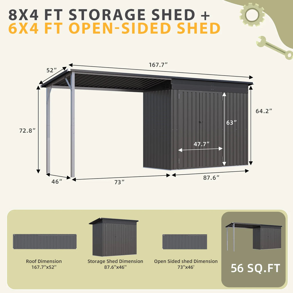 YODOLLA Outdoor Open-Sided Storage Shed, 3x5 Sheds & Outdoor Storage with 15 Sq. Ft Covered, 5x3 Small 2-in-1 Tool Shed with Attached Hardtop Metal Pergola Gazebo