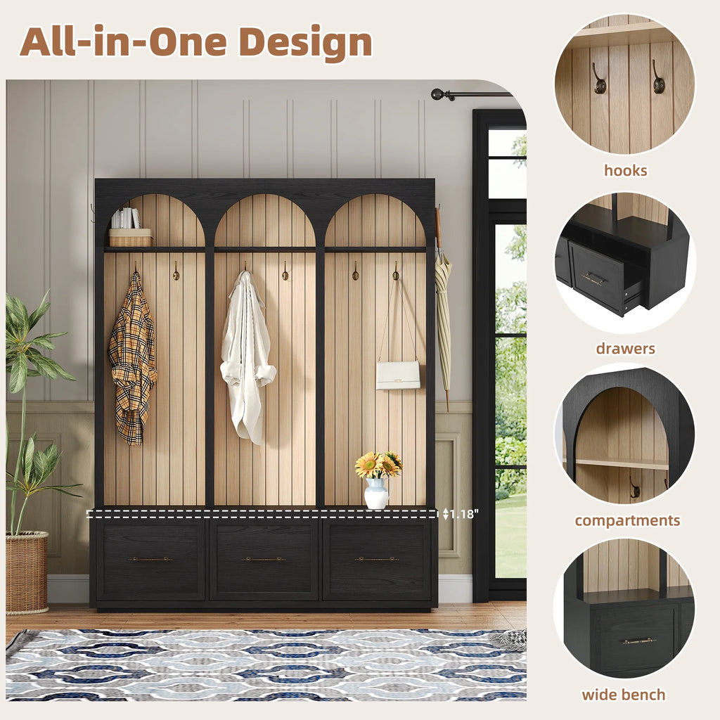 Euroco Farmhouse Wooden Style Hall Tree with Arched Design, Elegant 59" Wide Entryway Bench with 8 Retro Hooks, Rustic Coat Rack & Shoe Organizer with 3 Drawers for Mudroom, Living Room, Dark Walnut