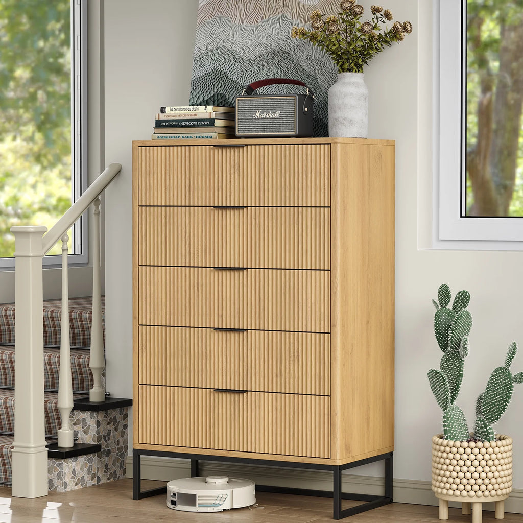Furnihold 6 Drawer Rattan Dresser for Bedroom, Wooden Dresser Chest of Drawers, Storage Organizer for Closet, Beside Table for Living Room, Entryway