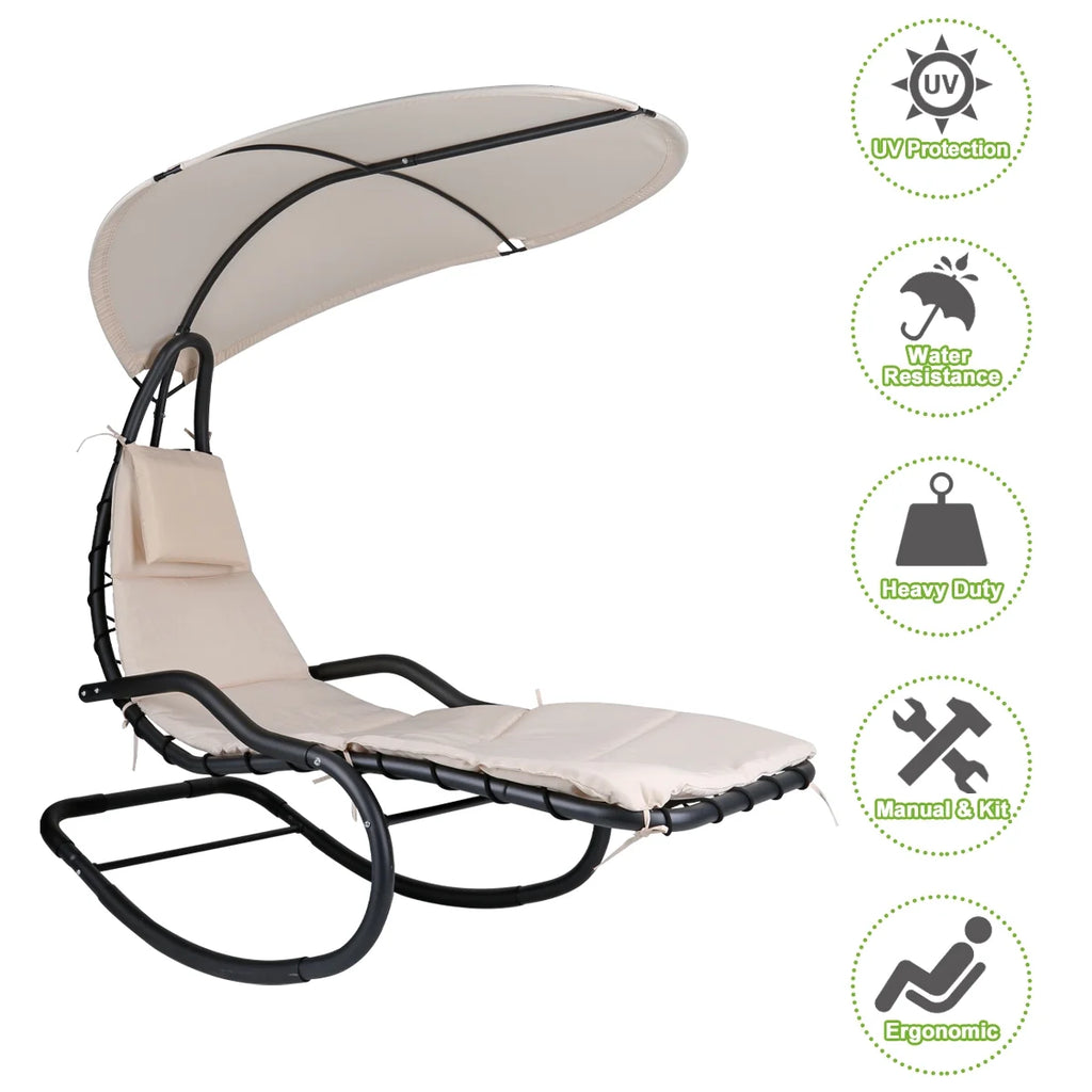 2X Rocking Hanging Lounge Chair - Curved Chaise Rocking Lounge Chair Swing For Backyard Patio w/ Built-in Pillow Removable Canopy with stand {Green}