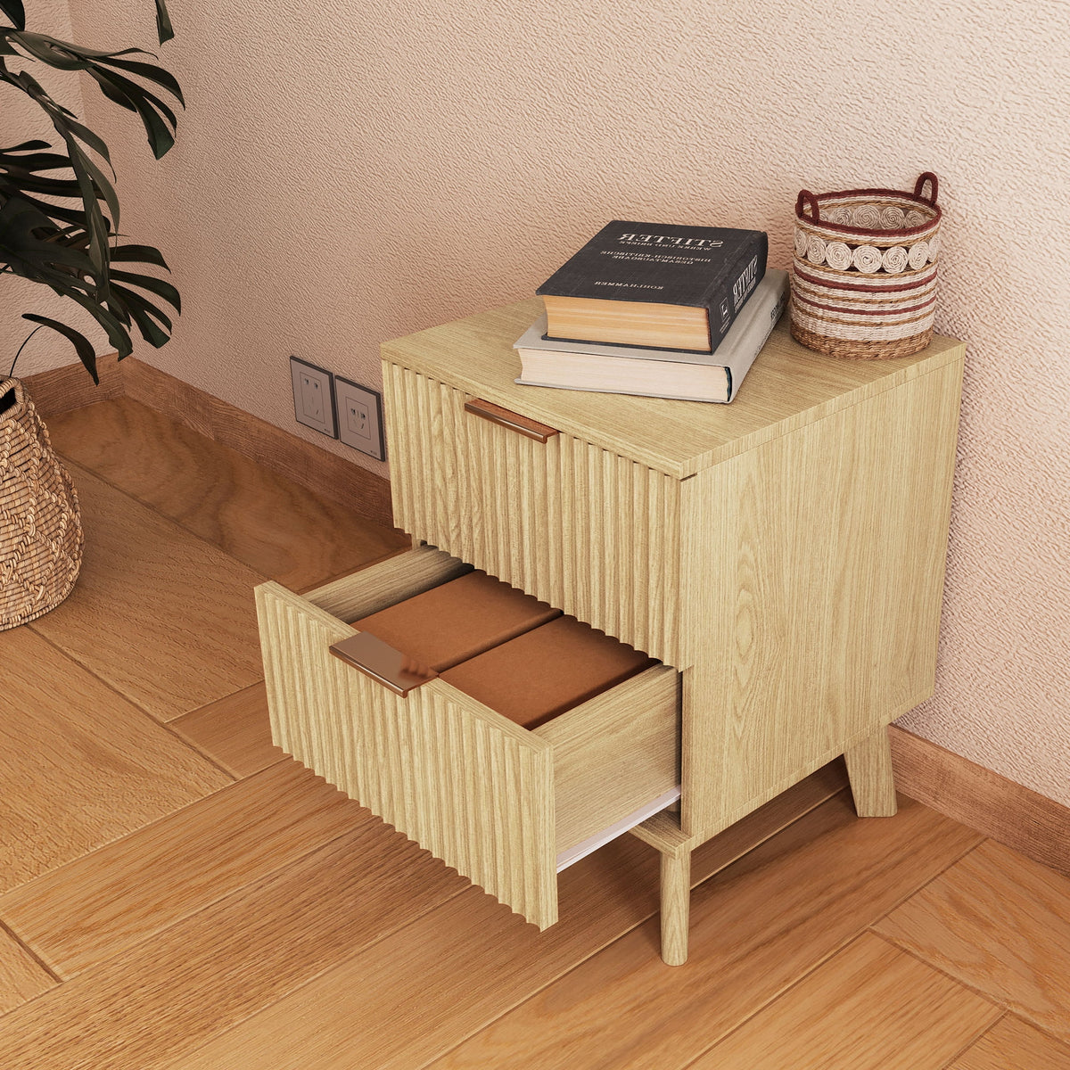 YOCWO Fluted Nightstand for Bedroom Set of 2 , Wood Bedside Table Set of 2 with Drawers, Black