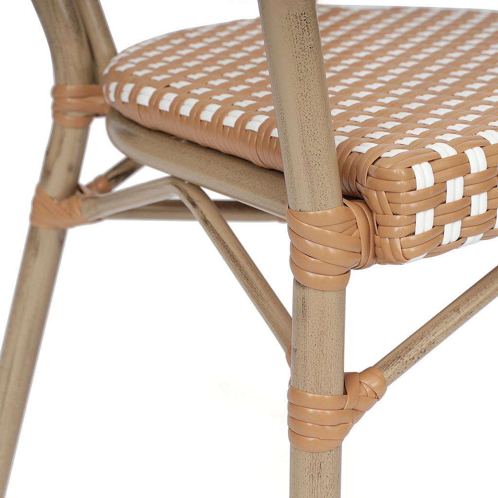 Merrick Lane Stacking Thonet French Bistro Style Chair with Arms, Black & White PE Rattan Seat, and Bamboo Finished Metal Frame for Indoor/Outdoor Use