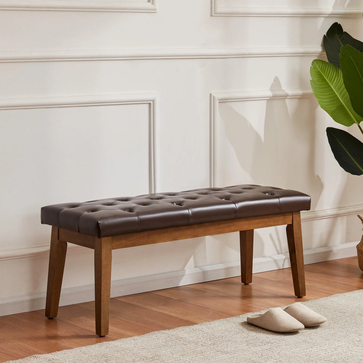 HUIMO Button-Tufted Bench for End of Bed, Entryway Bench with Upholstered Linen Fabric, Ottoman Bench for Living Room,Dining Bench for Kitchen(Beige)