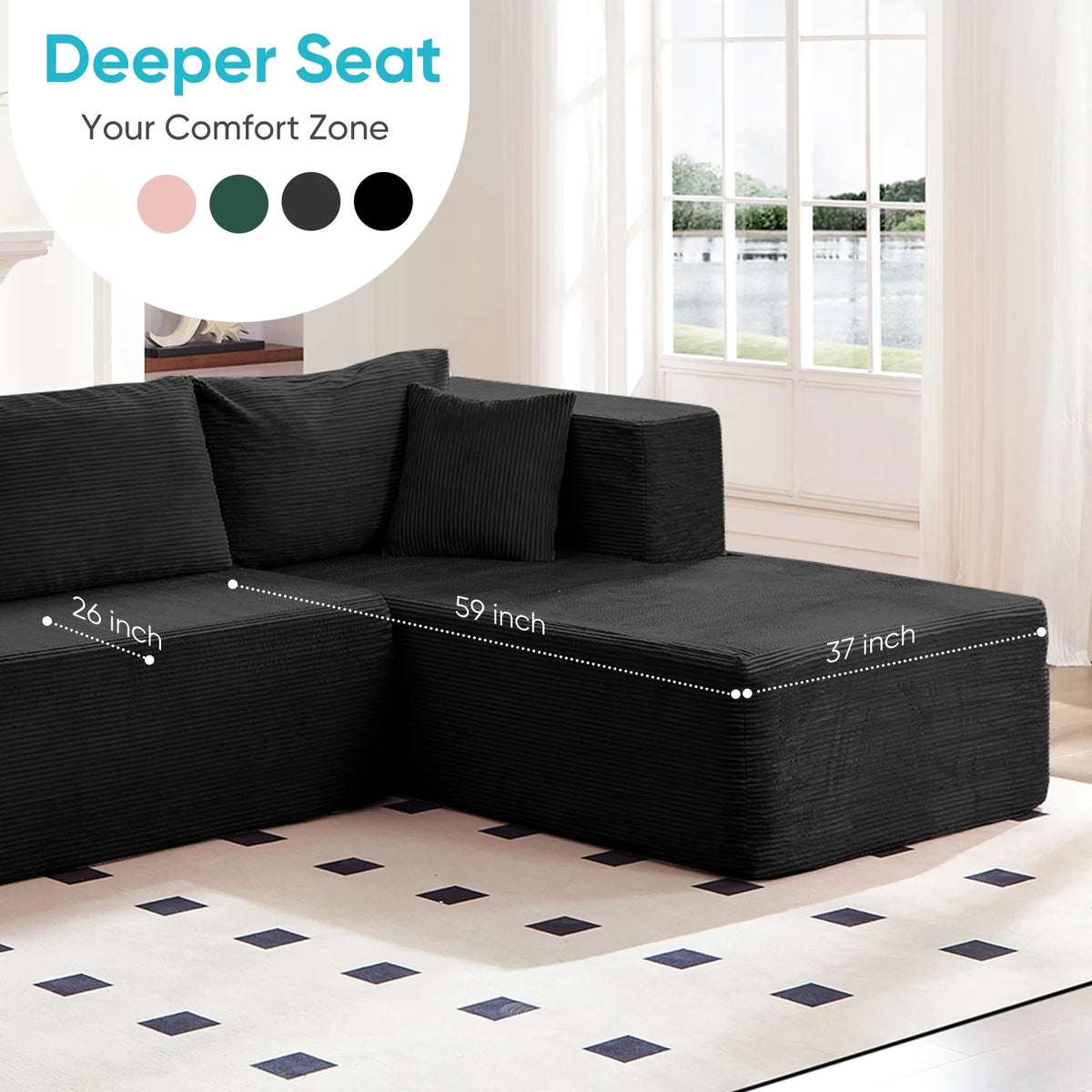 ZAFLY 106" Cloud Sectional Couch with Chaise, No Assembly Required L Shaped Sleeper Sofa, Oversized Deep Seat Modular Couches and Sofas for Living Room - Right, Black