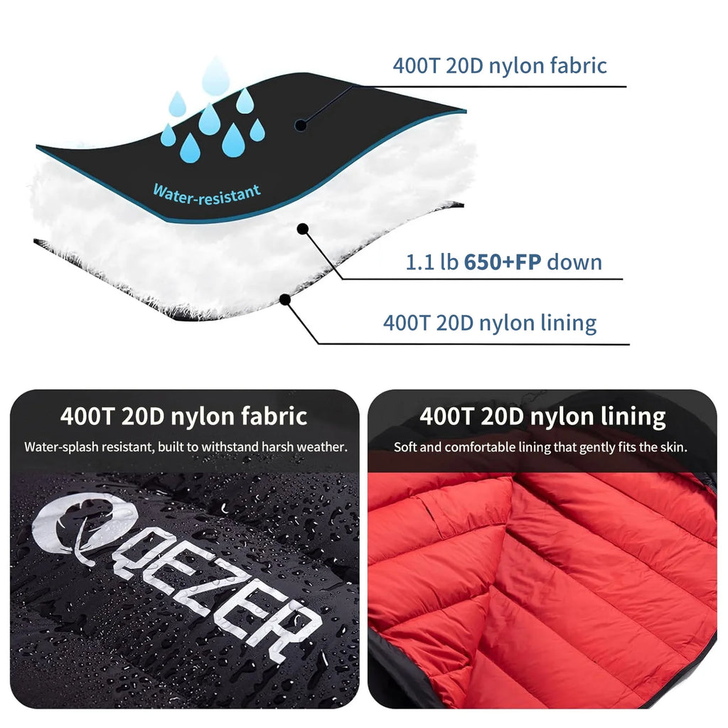 QEZER Ultralight Down Sleeping Bag for Adults, 650FP, 860g, 3-Season Compact for Backpacking & Camping, 36��F-46��F