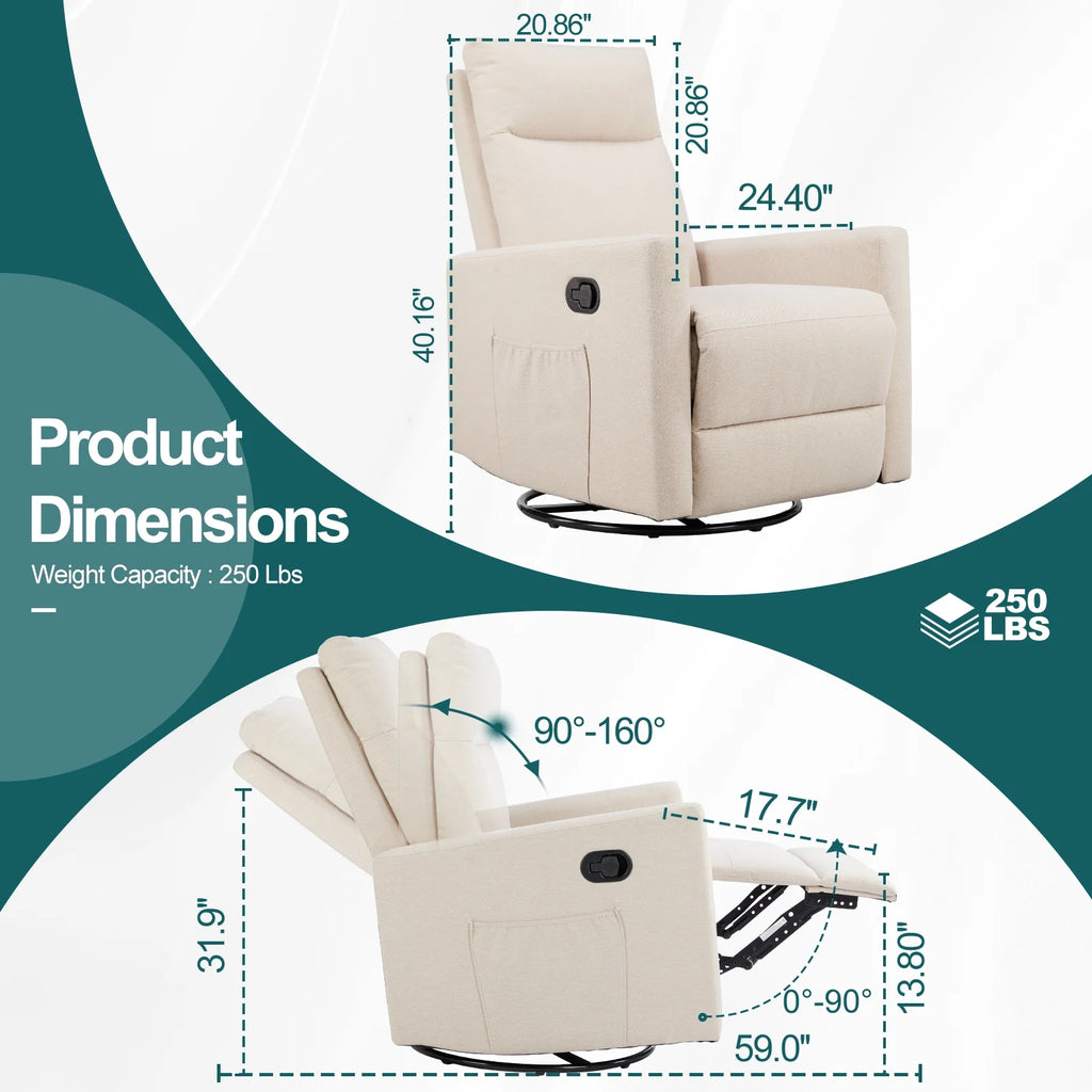 Recliner Message Chair with Footrest, Swivel Rocking Glider, High Back Upholstered Deep Seat for Living Room, Grey