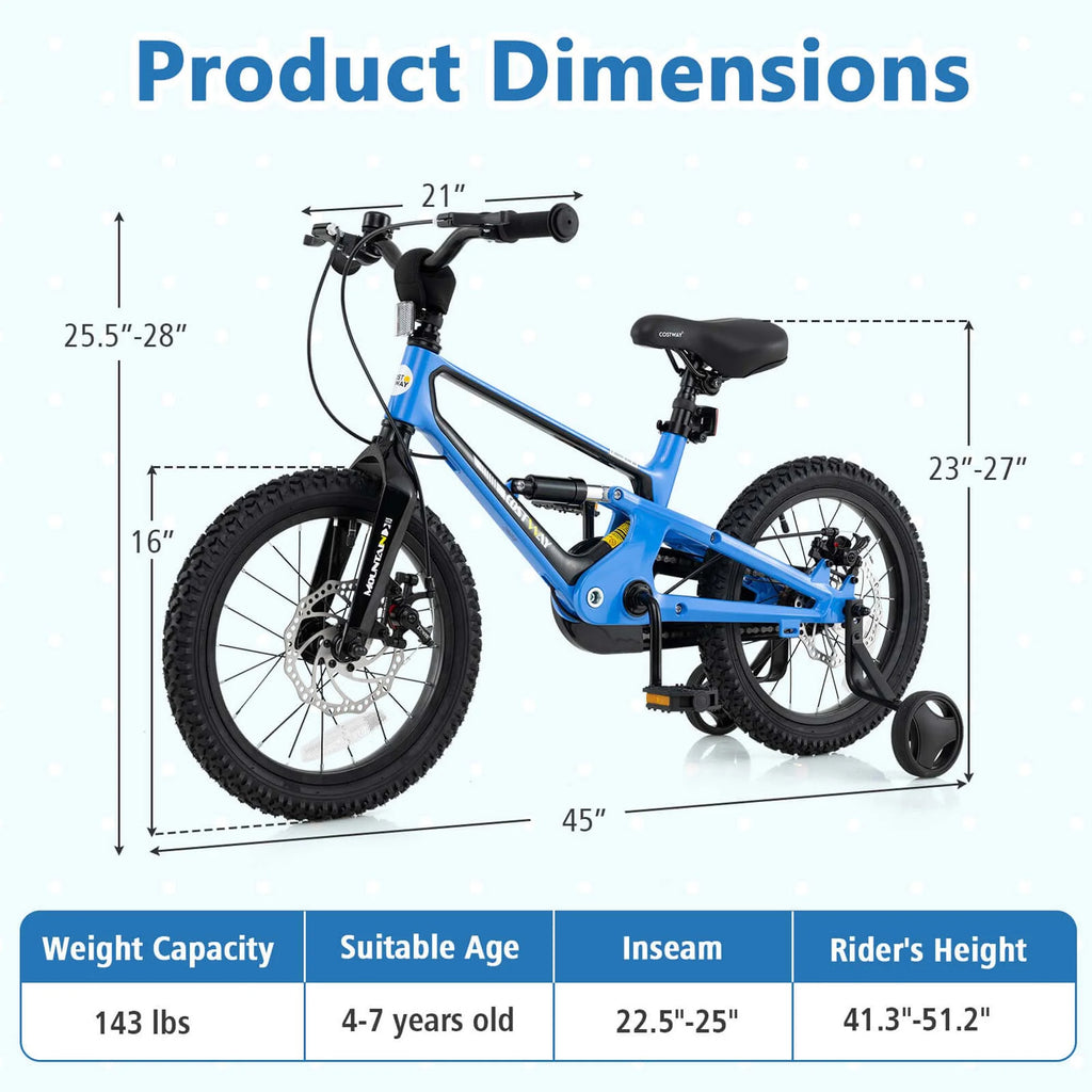 Costway 16 Inch Children Bicycle with Training Wheels & Double Disc Brakes Adjustable Seat Magnesium Alloy Blue
