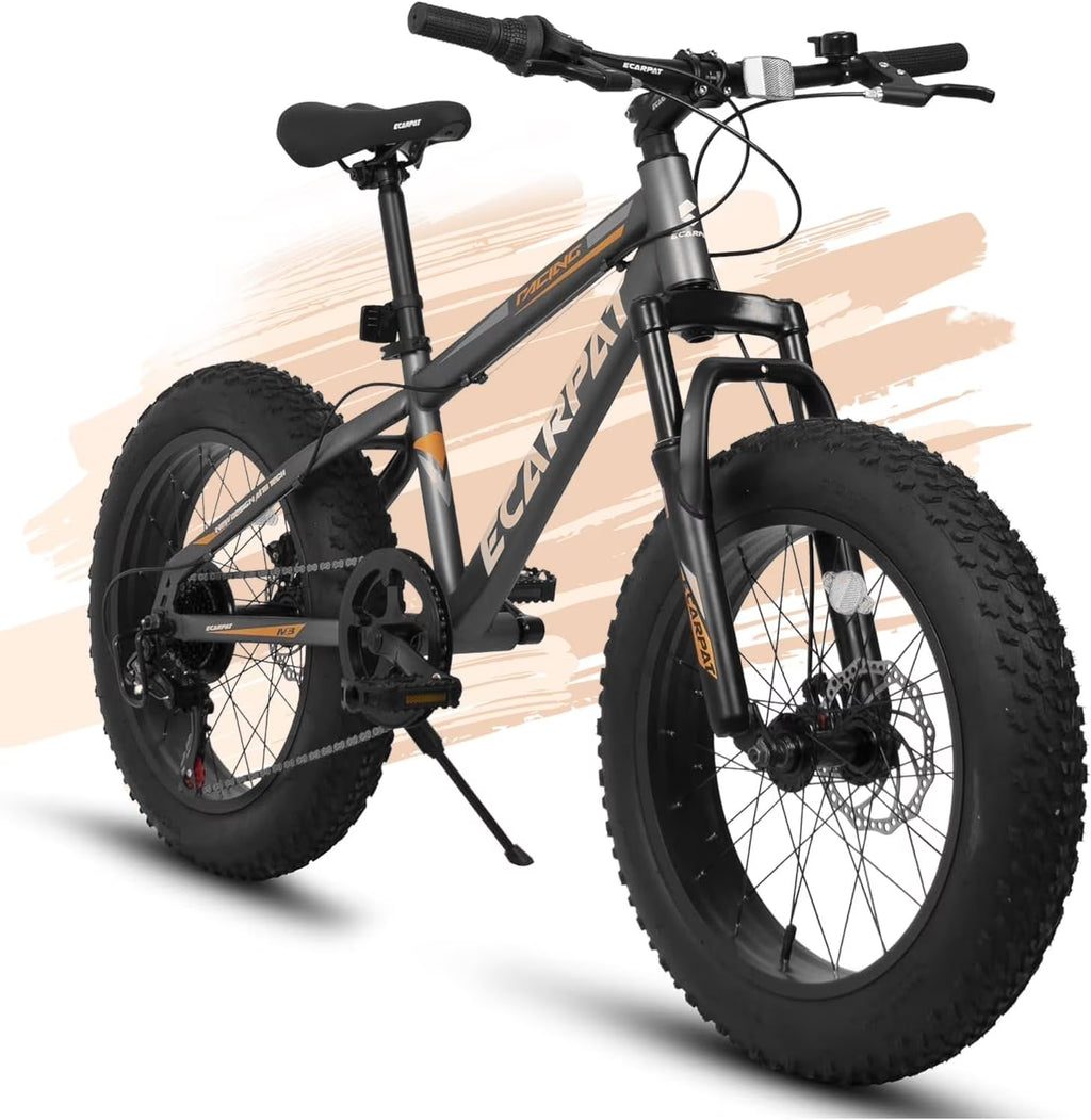 20 Inch Mountain Bike for 7-15 Years Old, 7 Speed Kids Bike with High Carbon Steel Frame, Fat Tire and Dual Disc Brake, Front Suspension Mountain Bicycle Gift for Boys Girls, Grey-Orange