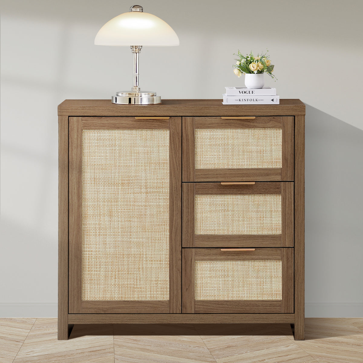 ARKANTOS Sideboards and Buffets, Boho Storage Cabinets with Rattan Doors and Drawers, Natural Oak