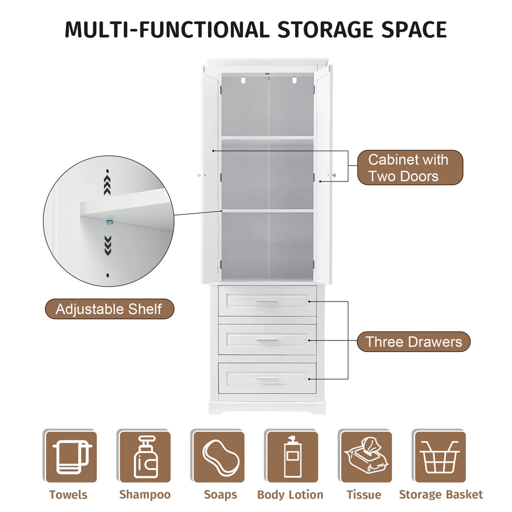 Bellemave White Tall Storage Cabinet with Adjustable Shelf Bathroom Cabinet with 1 Drawer and Storage Rack Large Freestanding Wood Cabinet Storage Organizer Floor Cabinet, White